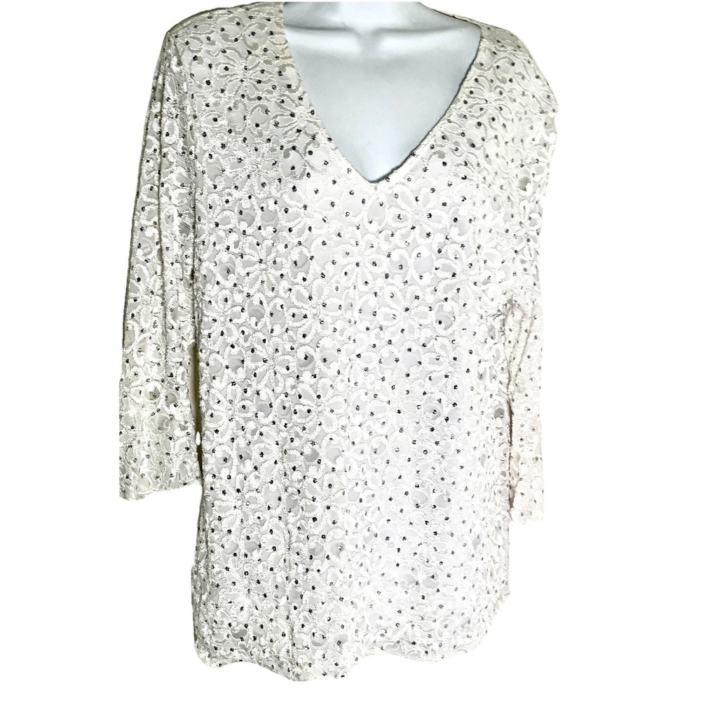 Y2K Vtg  Brittany Black Woman 1X Floral All Over Top Lace Mesh White Shimmer USA